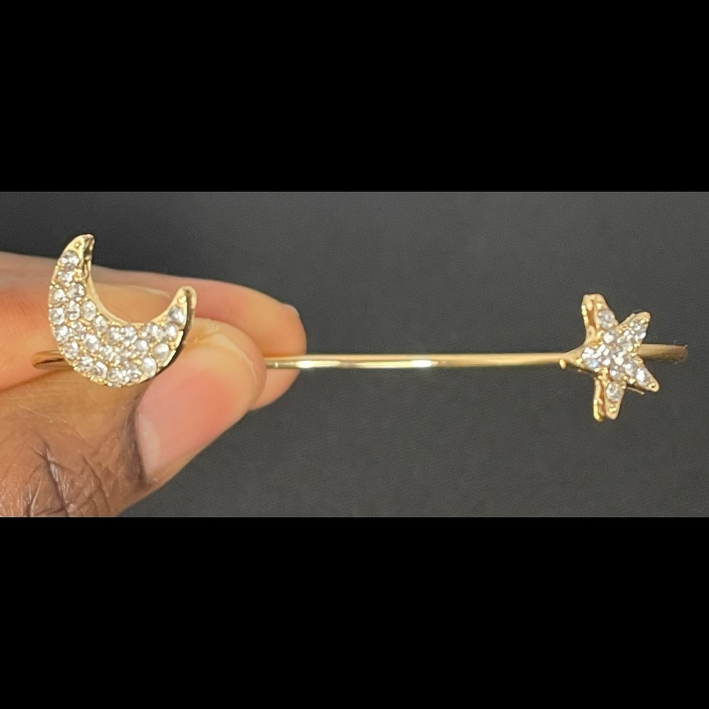 Dainty Star & Moon Gold Toned Cuff  Bracelet w/Rhinestones - Picture 4 of 10